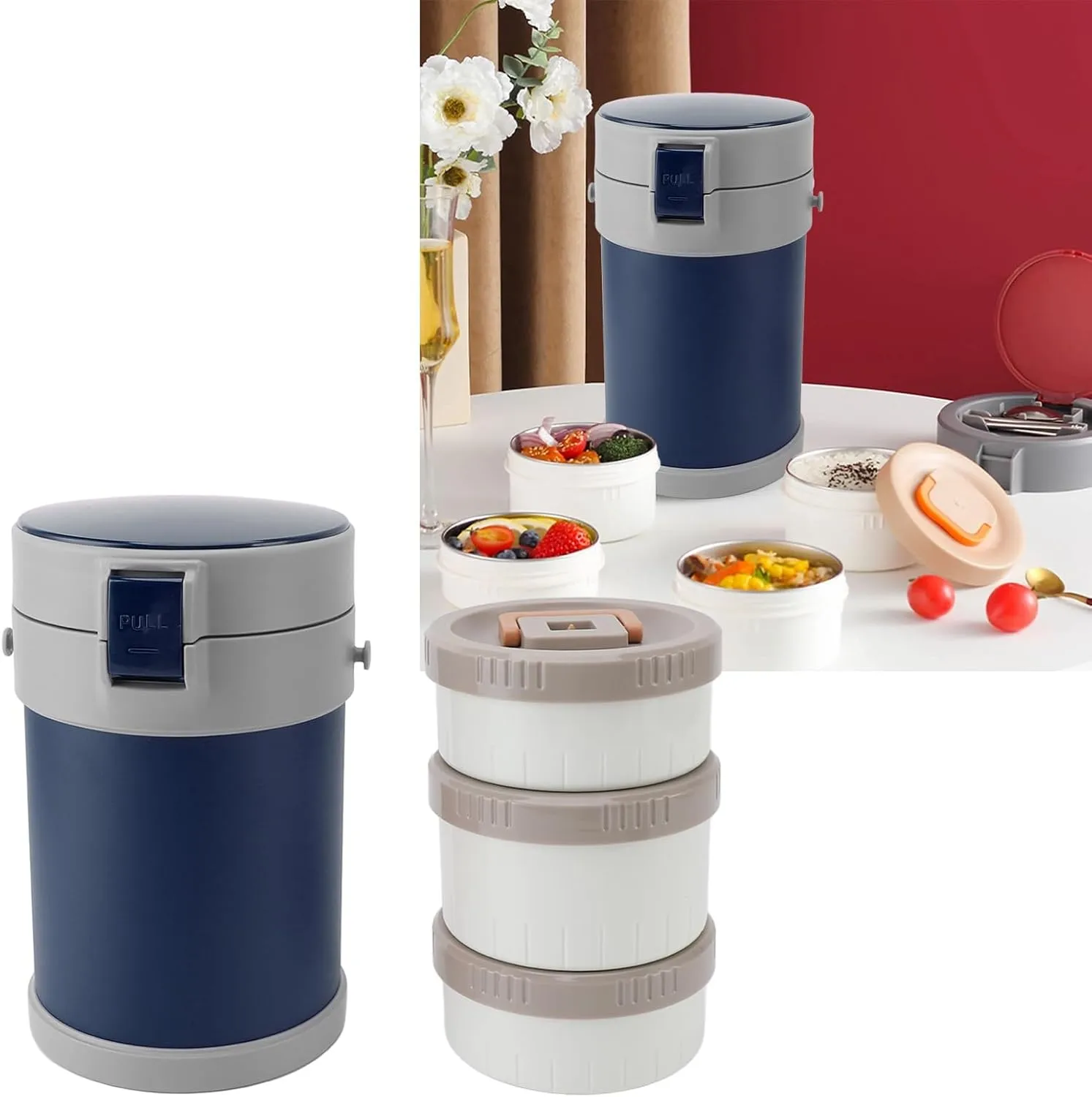 Insulated Food Container, 2L 3 Tier Stainless Steel Vacuum Lunch Box Insulated Bowl With Lid Thermal Lunch Containers Vacuum Lunch Box for Office Picnic Travel Outdoors