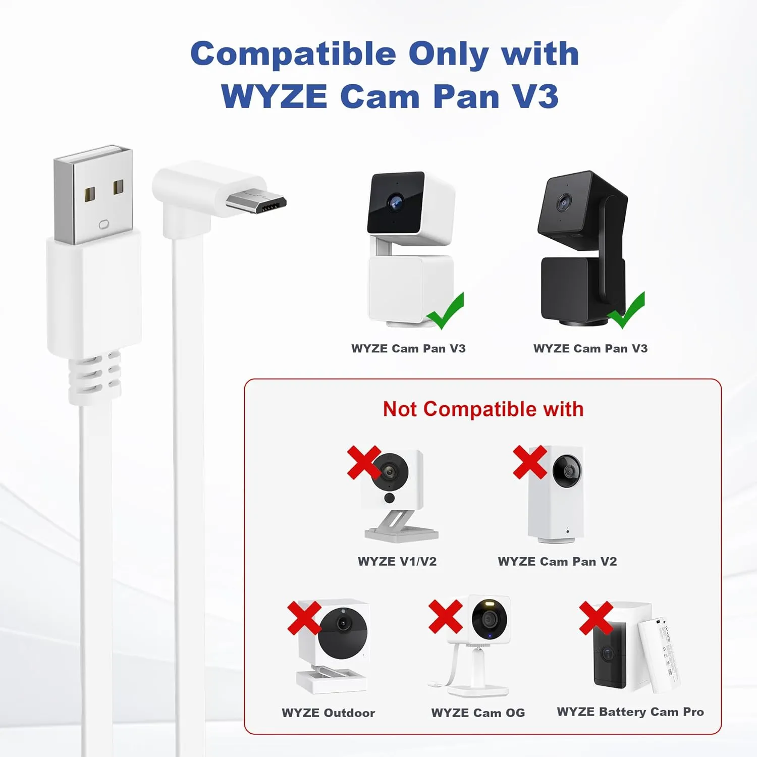 Itramax WYZE Cam Pan V3 Power Cable 20FT 2Pack,Micro USB Extension Cord 90 Degree Charger Adapter L Shaped Long Flat Charging for WYZE Pan V3 Outdoor Camera No Support Data Transfer,White 15 25 30 FT