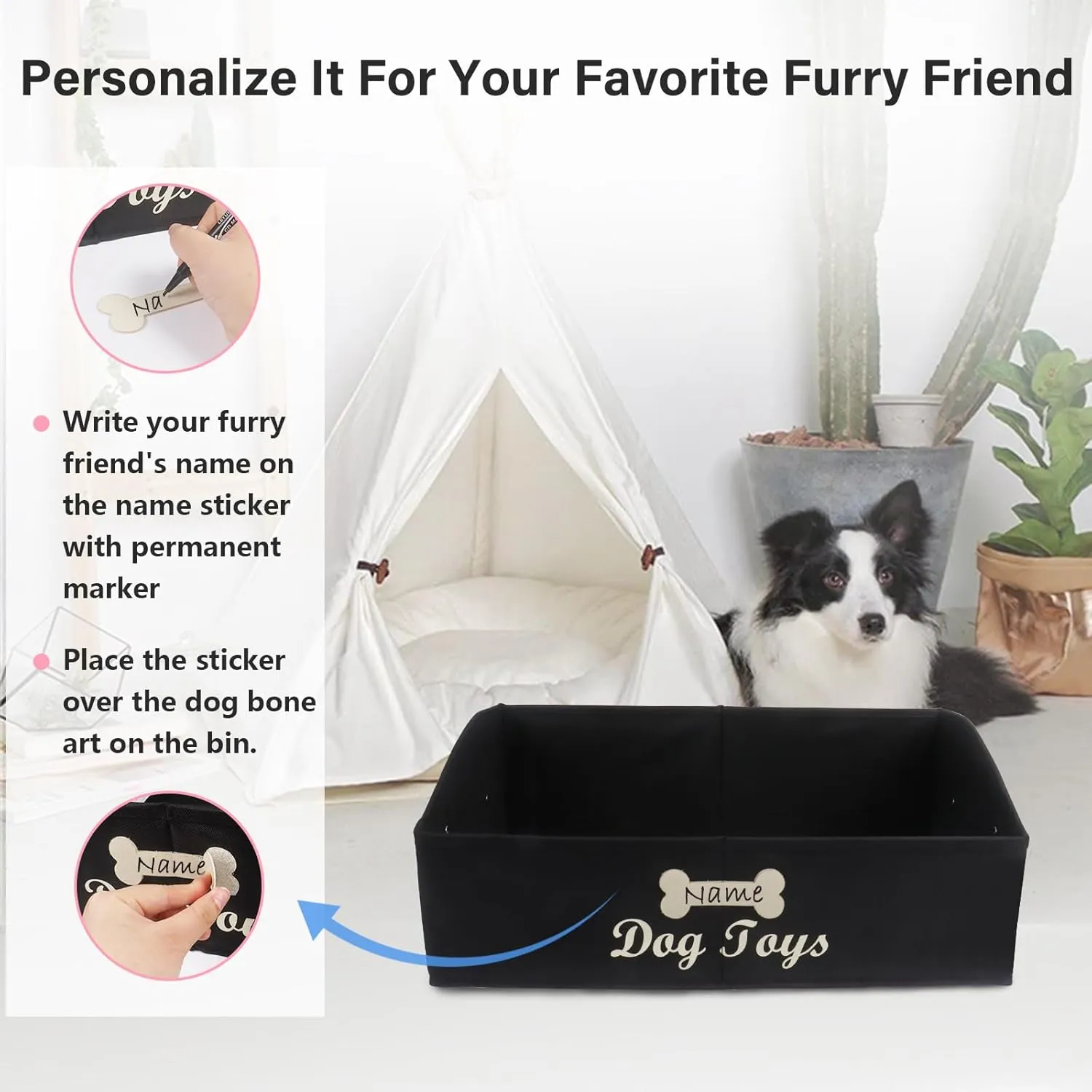 Large Dog Toy Basket Collapsible Dog Toy Box Fabric Trapezoid Dog Toy Bin Storage for organizing pet Toys/Blankets/leashes/Rope Toys/Clothing-Can be Personalized-Black