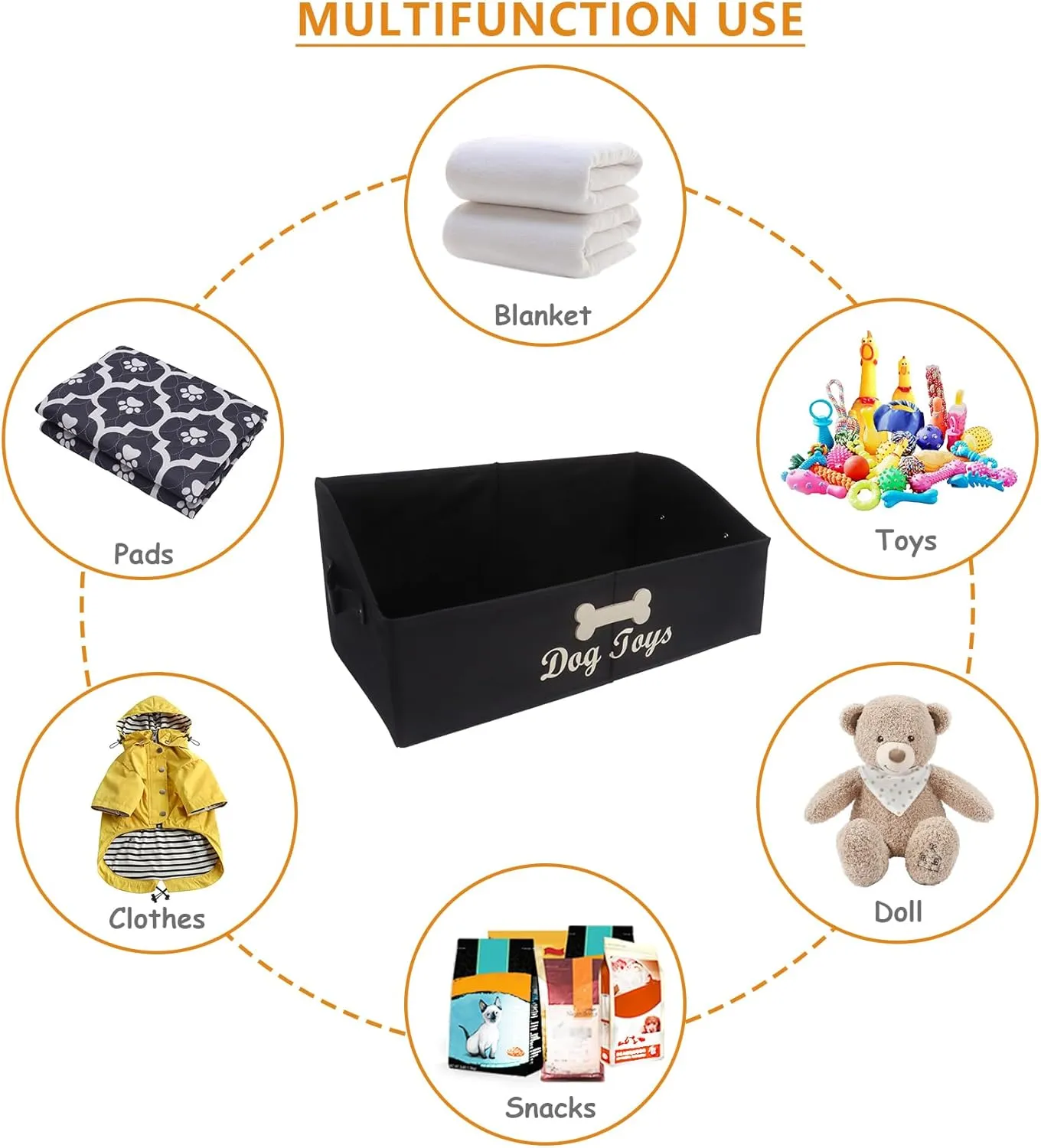 Large Dog Toy Basket Collapsible Dog Toy Box Fabric Trapezoid Dog Toy Bin Storage for organizing pet Toys/Blankets/leashes/Rope Toys/Clothing-Can be Personalized-Black