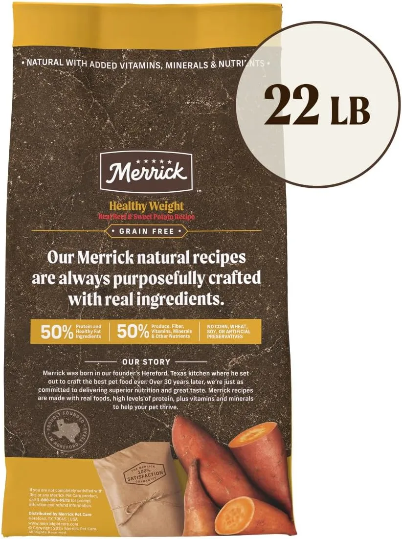 Merrick Premium Grain Free Dry Dog Food Weight Management Dog Food, Wholesome And Natural Kibble, Healthy Weight Recipe - 22.0 lb. Bag