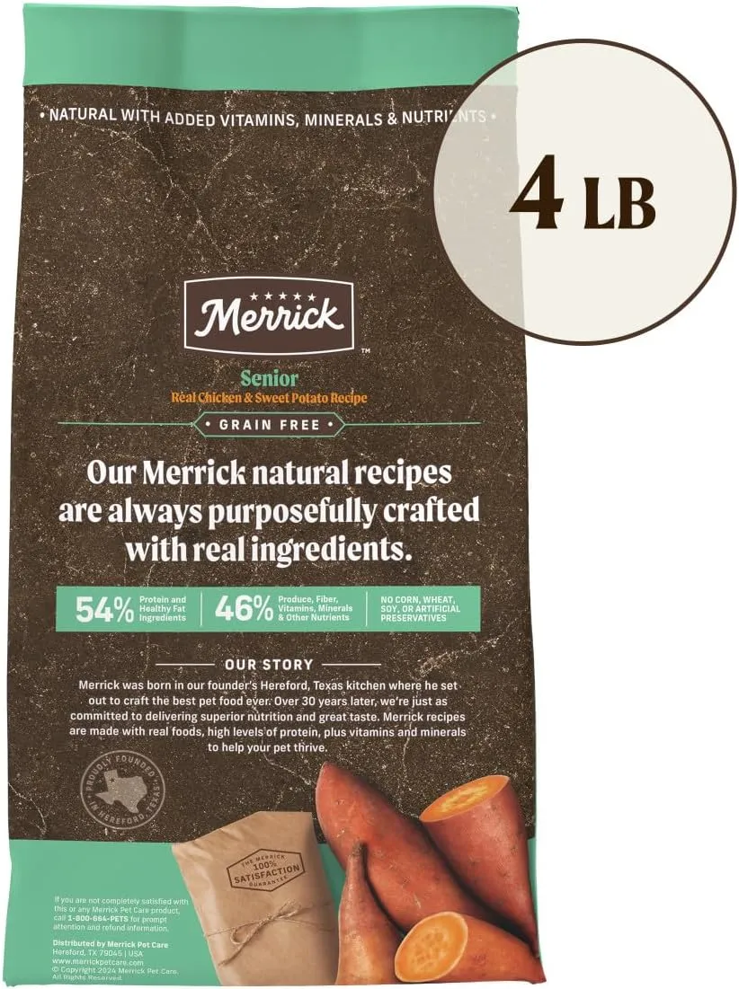 Merrick Premium Grain Free Dry Senior Dog Food, Wholesome And Natural Kibble, Real Chicken And Sweet Potato - 4.0 lb. Bag