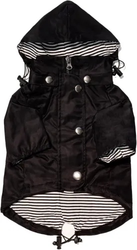 Midnight Black Zip Up Dog Raincoat with Reflective Buttons, Pockets, Rain/Water Resistant, Adjustable Drawstring, & Removable Hood - XXS to XXL - Premium Dog Raincoats (Large, Black)