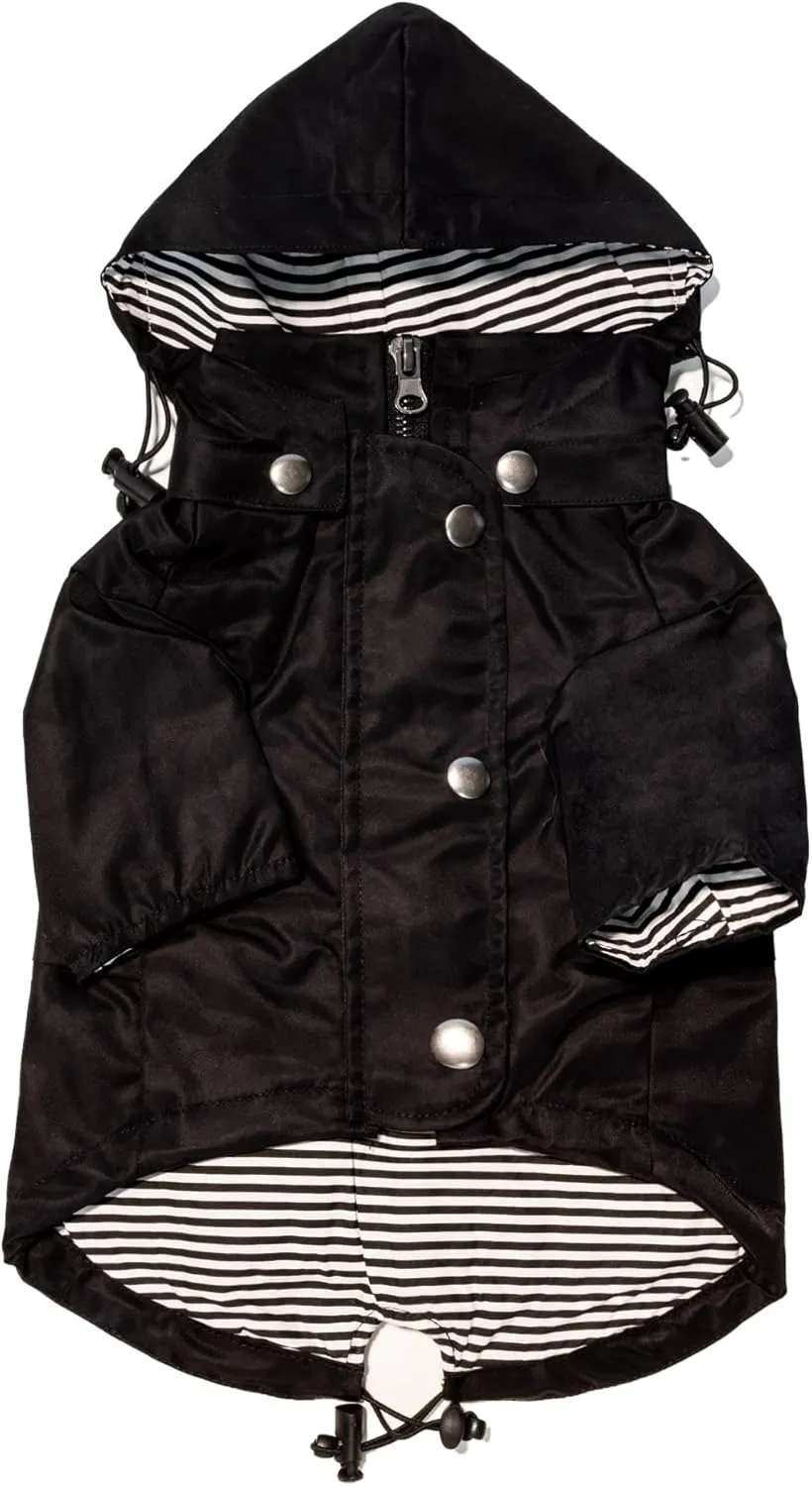 Midnight Black Zip Up Dog Raincoat with Reflective Buttons, Pockets, Rain/Water Resistant, Adjustable Drawstring, & Removable Hood - XXS to XXL - Premium Dog Raincoats (Large, Black)