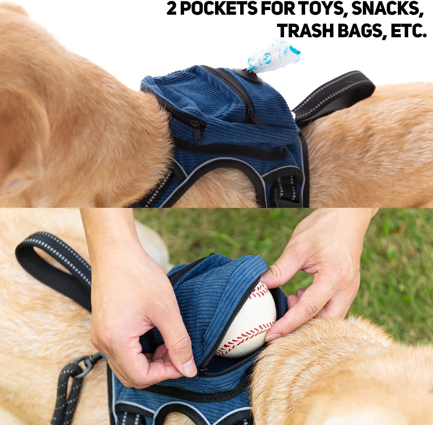 No-Choke Dog Harness with 2 Pockets, Adjustable Soft No Pull Dog Harness with Front & Back 2 Leash Hooks, Reflective Dog Vest with Easy Control Handle (Blue, M)
