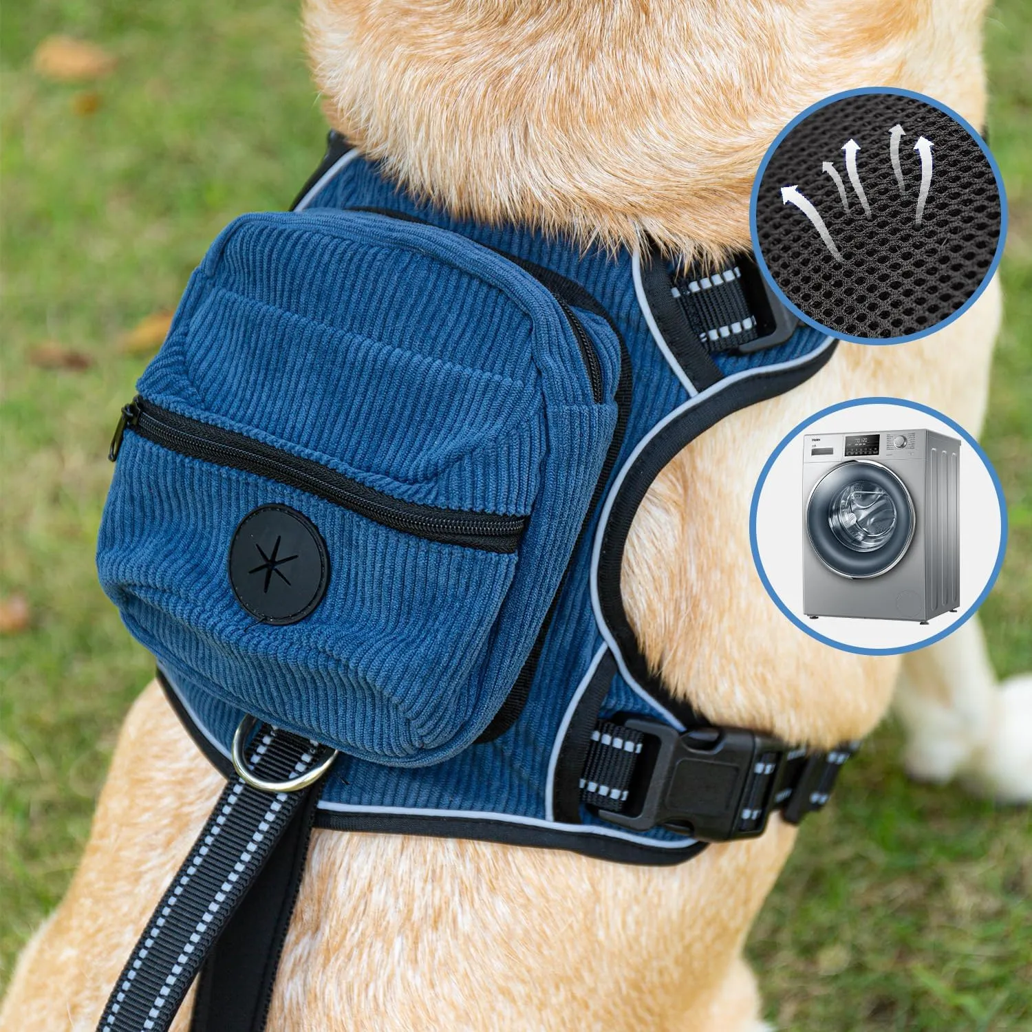 No-Choke Dog Harness with 2 Pockets, Adjustable Soft No Pull Dog Harness with Front & Back 2 Leash Hooks, Reflective Dog Vest with Easy Control Handle (Blue, M)