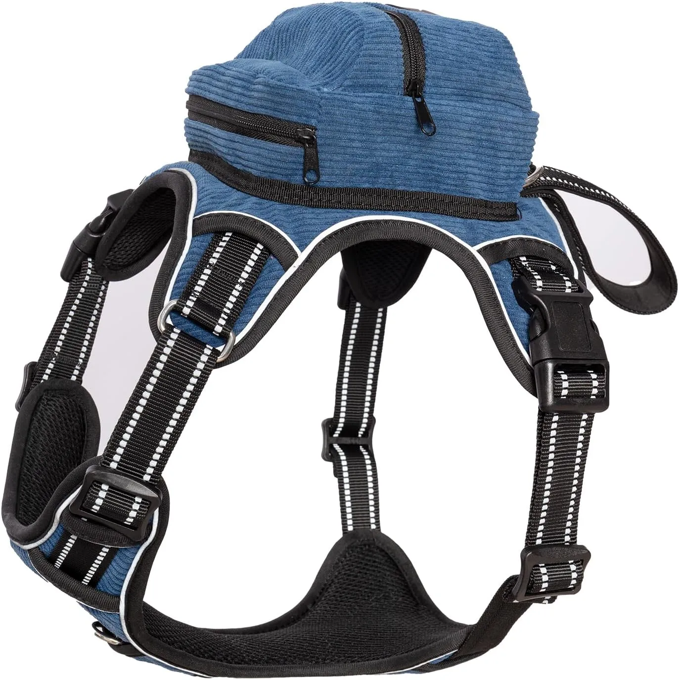 No-Choke Dog Harness with 2 Pockets, Adjustable Soft No Pull Dog Harness with Front & Back 2 Leash Hooks, Reflective Dog Vest with Easy Control Handle (Blue, M)