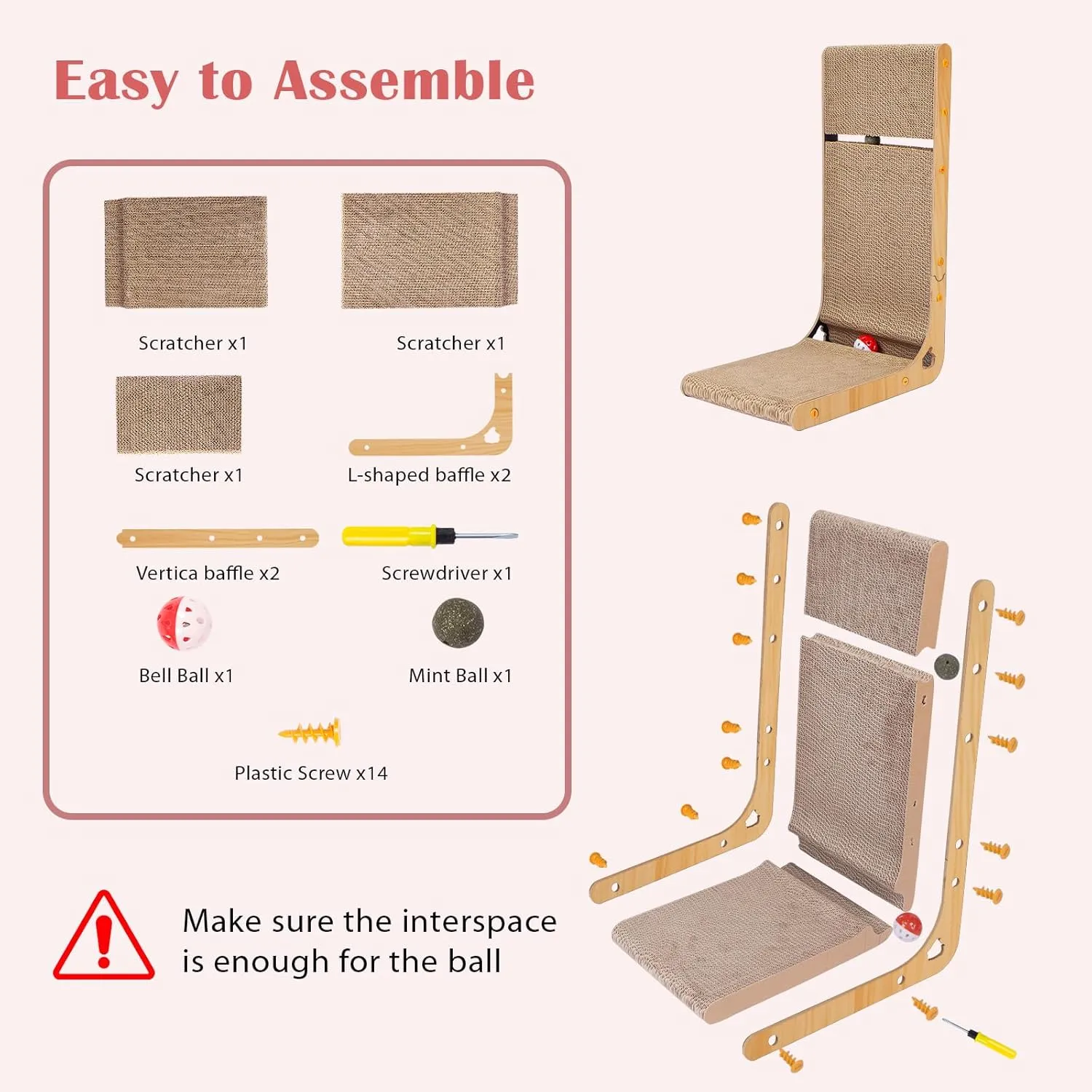 Oroonoko Cardboard Cat Scratcher,L Shape Scratch Pad for Indoor Cat Use,Dural Scratcher with A Bell Ball and a Catnip Ball for Protect Wall Sofa and Furniture