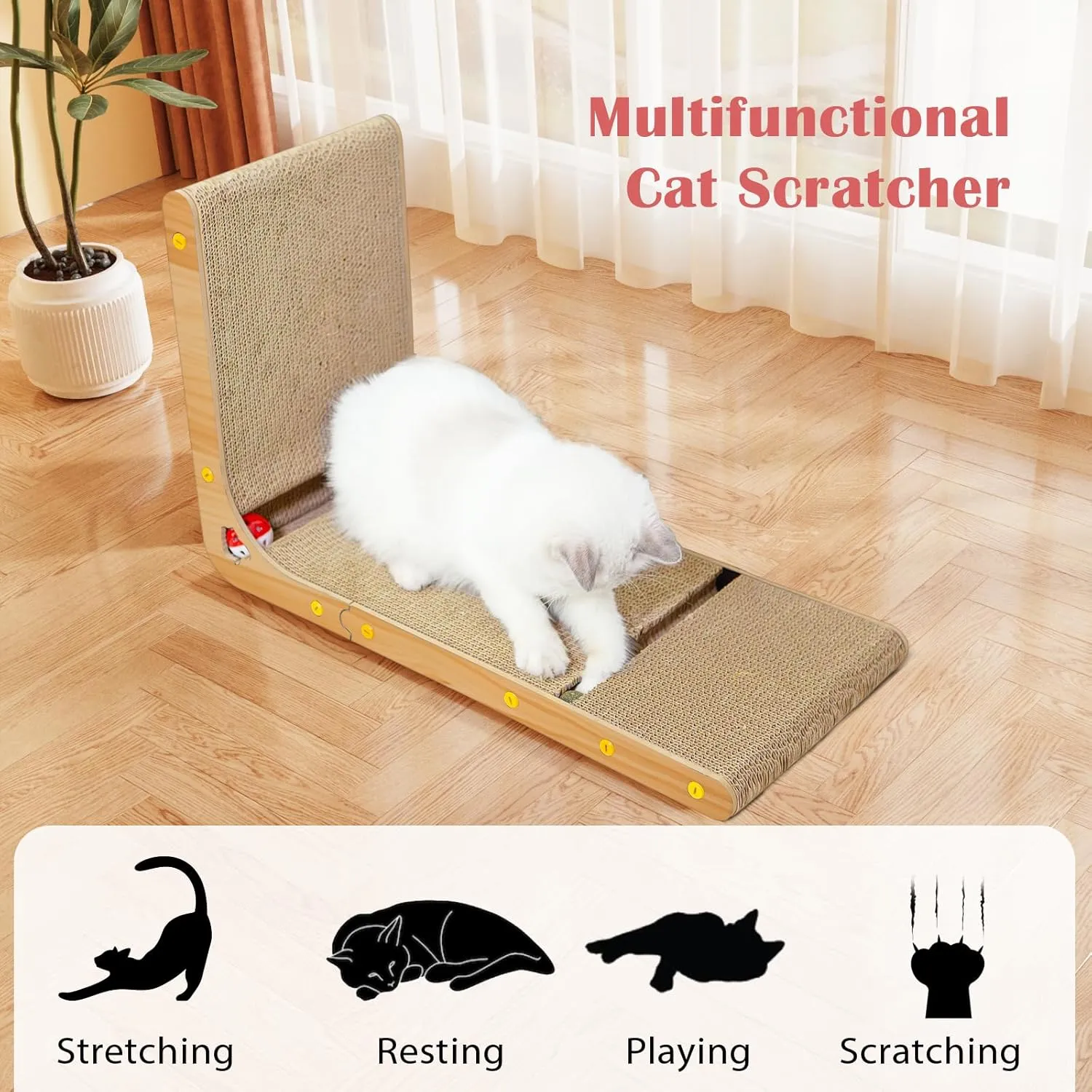 Oroonoko Cardboard Cat Scratcher,L Shape Scratch Pad for Indoor Cat Use,Dural Scratcher with A Bell Ball and a Catnip Ball for Protect Wall Sofa and Furniture