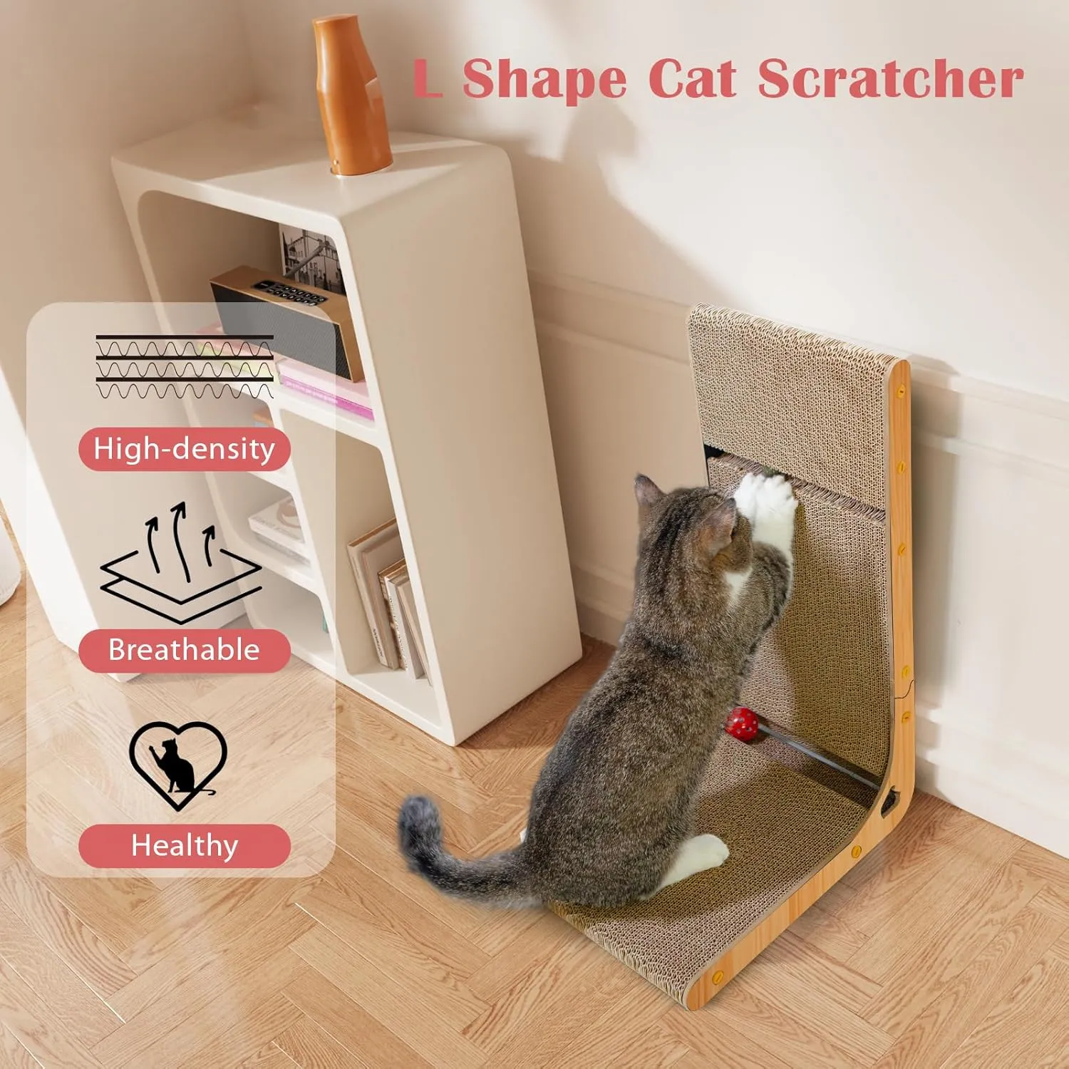 Oroonoko Cardboard Cat Scratcher,L Shape Scratch Pad for Indoor Cat Use,Dural Scratcher with A Bell Ball and a Catnip Ball for Protect Wall Sofa and Furniture