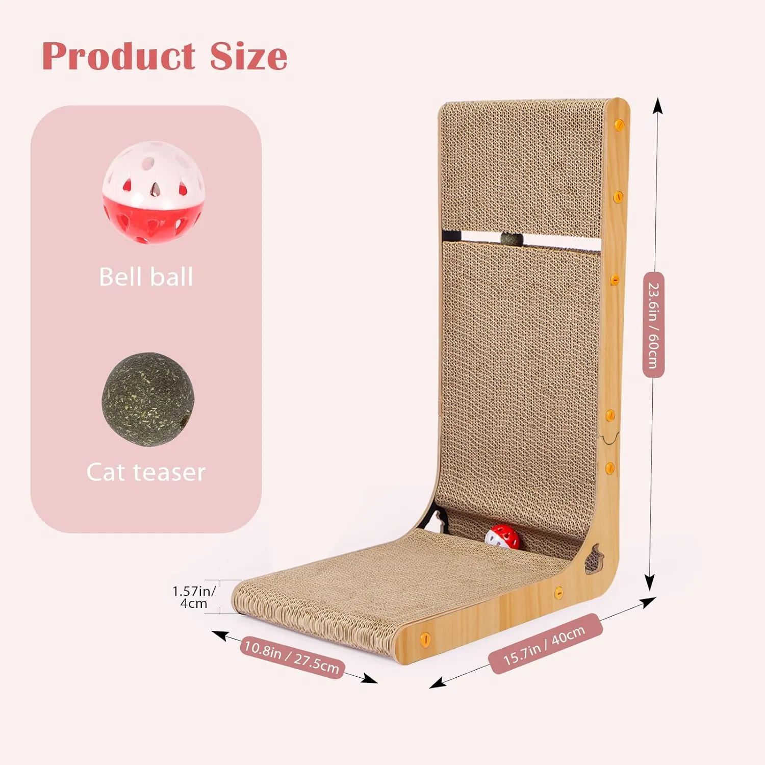 Oroonoko Cardboard Cat Scratcher,L Shape Scratch Pad for Indoor Cat Use,Dural Scratcher with A Bell Ball and a Catnip Ball for Protect Wall Sofa and Furniture