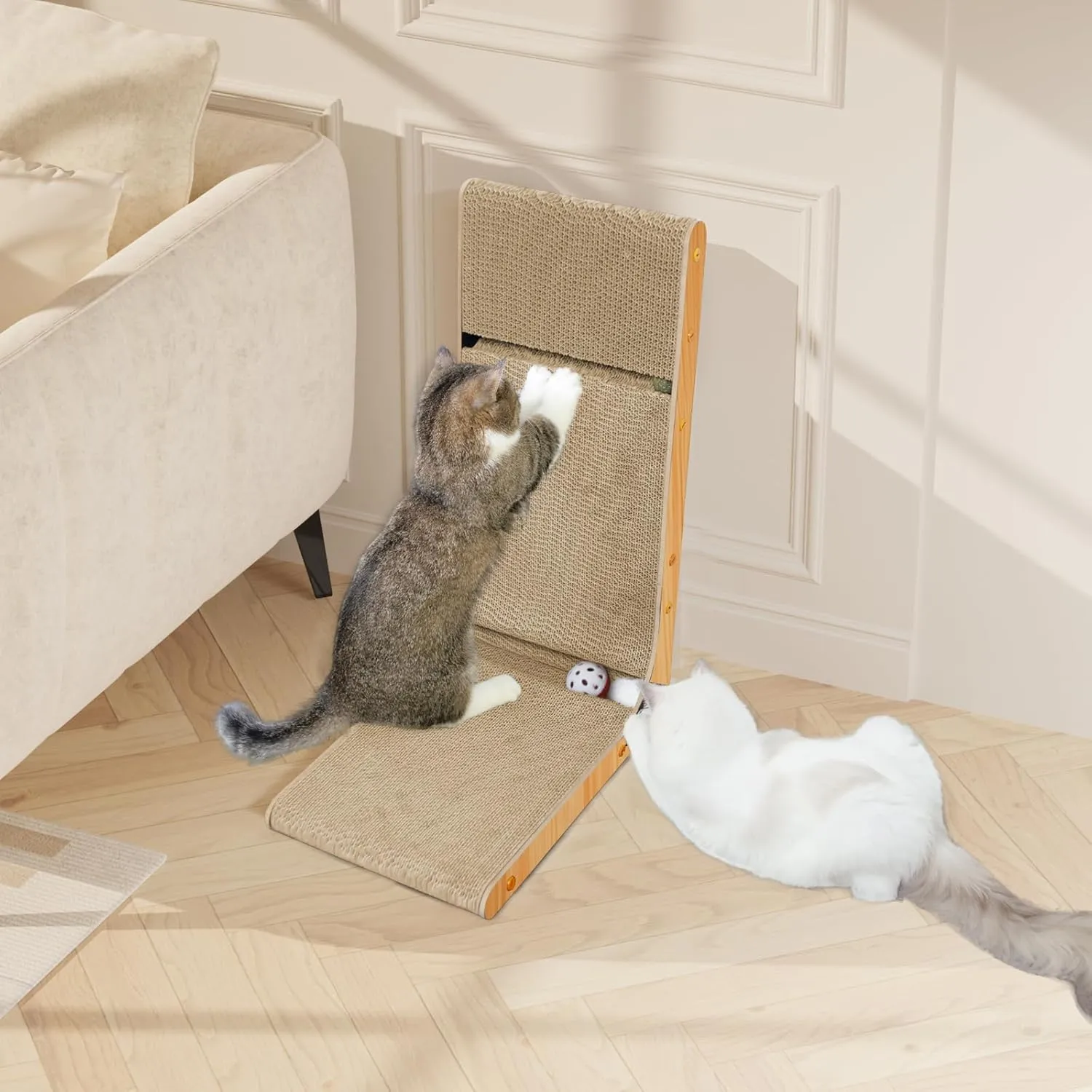 Oroonoko Cardboard Cat Scratcher,L Shape Scratch Pad for Indoor Cat Use,Dural Scratcher with A Bell Ball and a Catnip Ball for Protect Wall Sofa and Furniture