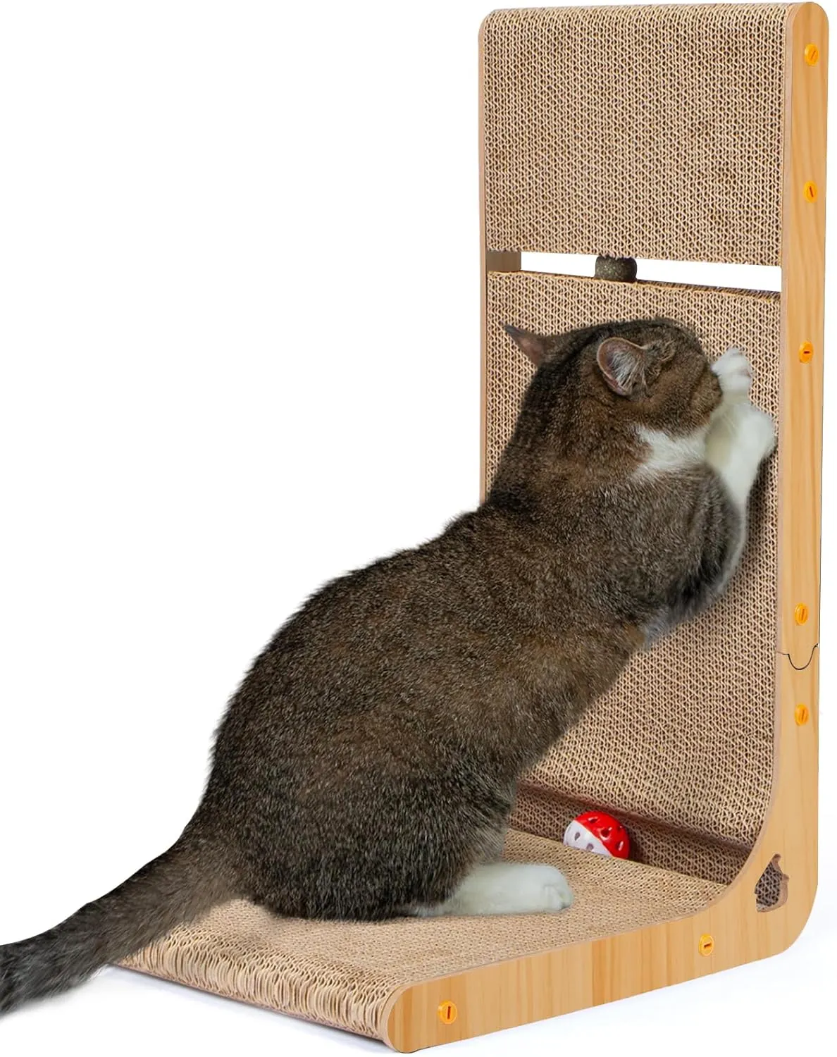 Oroonoko Cardboard Cat Scratcher,L Shape Scratch Pad for Indoor Cat Use,Dural Scratcher with A Bell Ball and a Catnip Ball for Protect Wall Sofa and Furniture