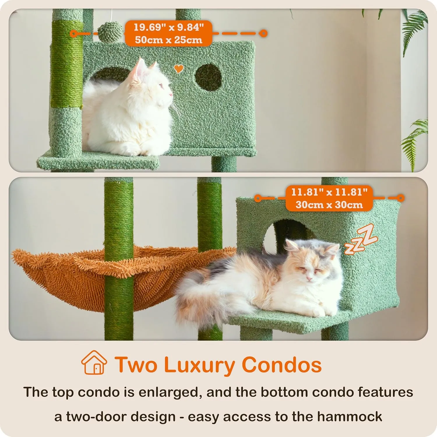 Ouritsu Cat Tree, 57 inch Cat Tower for Large Cat Indoor, 2 Top Perches with 1 Widened, 2 Condos with 1 Enlarged, Steel Frame Hammock, Scratching Posts and Scratching Pad, Green, LF003GB