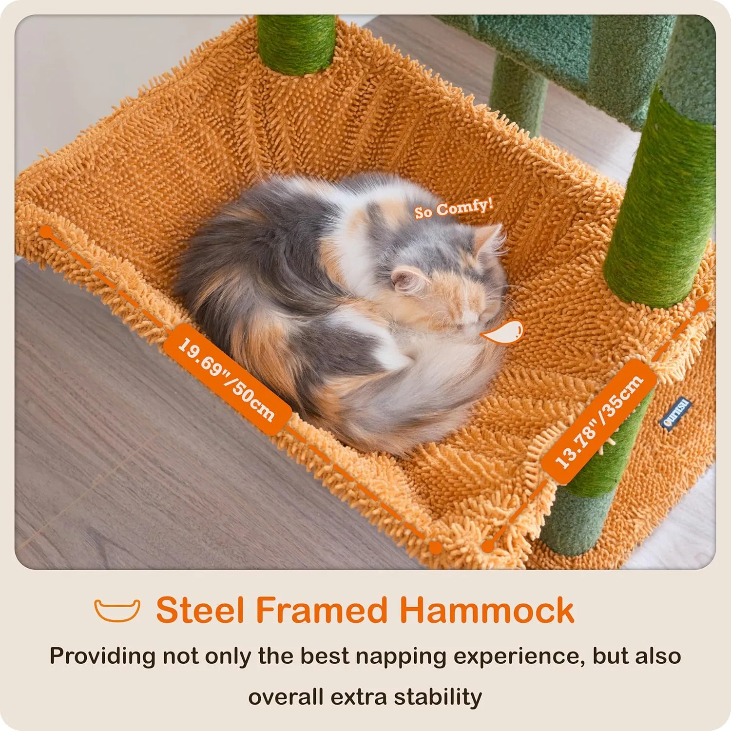 Ouritsu Cat Tree, 57 inch Cat Tower for Large Cat Indoor, 2 Top Perches with 1 Widened, 2 Condos with 1 Enlarged, Steel Frame Hammock, Scratching Posts and Scratching Pad, Green, LF003GB