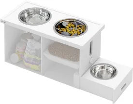 PawHut Elevated Dog Bowls with Slow Feeder Mat & Semi-Auto Dispenser Function, Pet Feeding Station with Storage Cabinet, 3 Stainless Steel Bowls, for Large & Extra Large Dogs, White