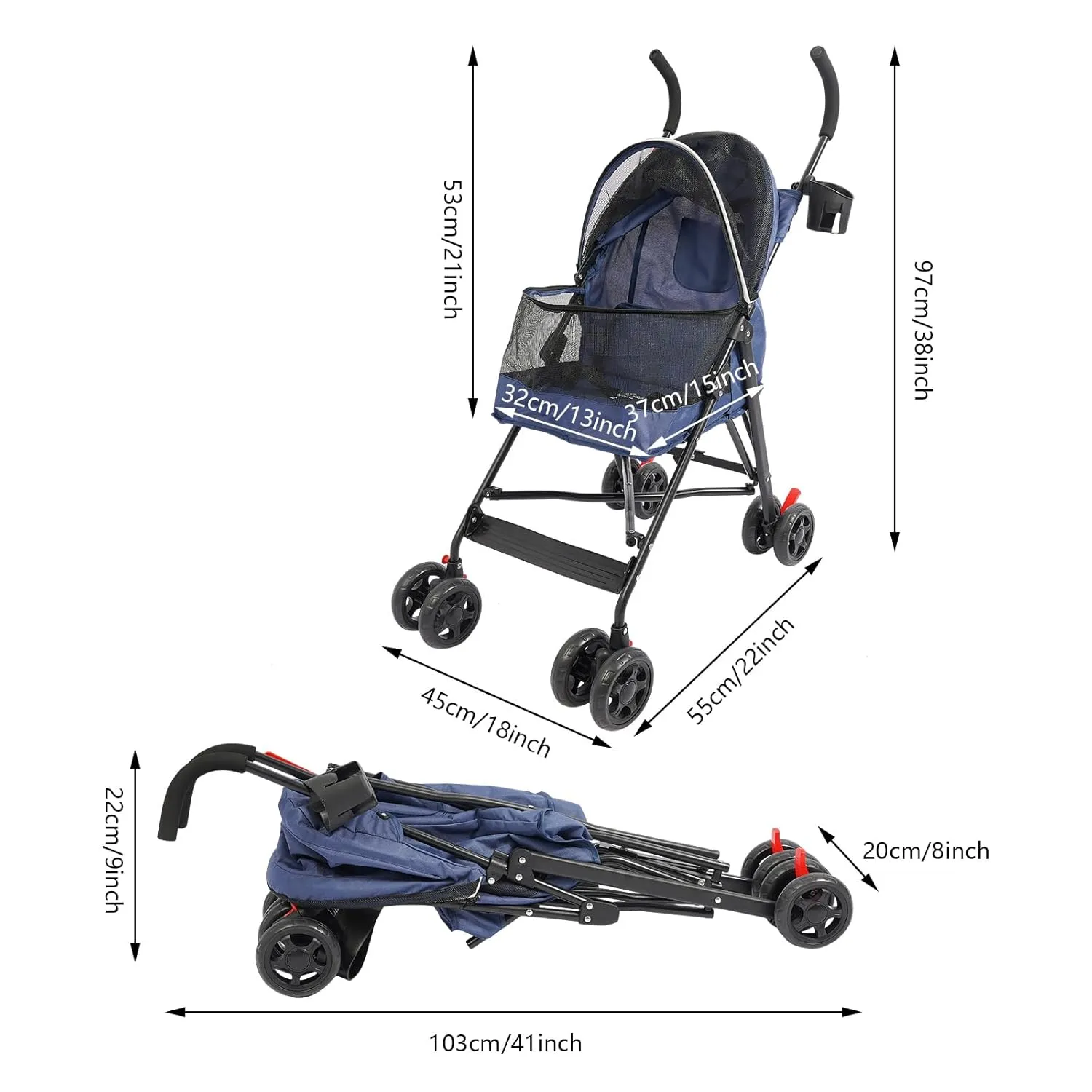 Pet Stroller W/4 Wheels, Pet Travel Stroller, Blue Foldable Pet Travel Carrier, Medium Dog Stroller, Multifunction Dog Cat Jogger Stroller, Pet Strolling Cart, Foldable Pet Stroller