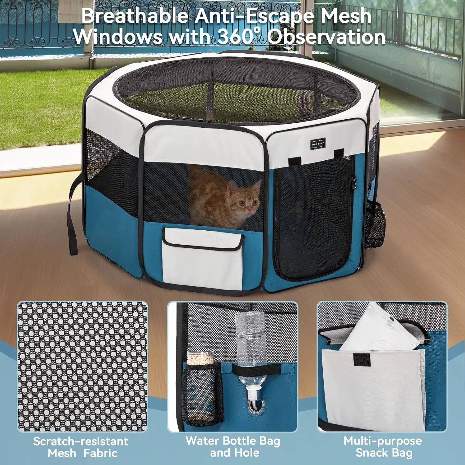 PETSFIT Dog Playpen Indoor/Outdoor,Portable Pet Playpen with Removable Zipper Top,Waterproof Bottom, Foldable Puppy Pen for Cats, Large Breeds (45.5L x 45.5W x 28.5H)