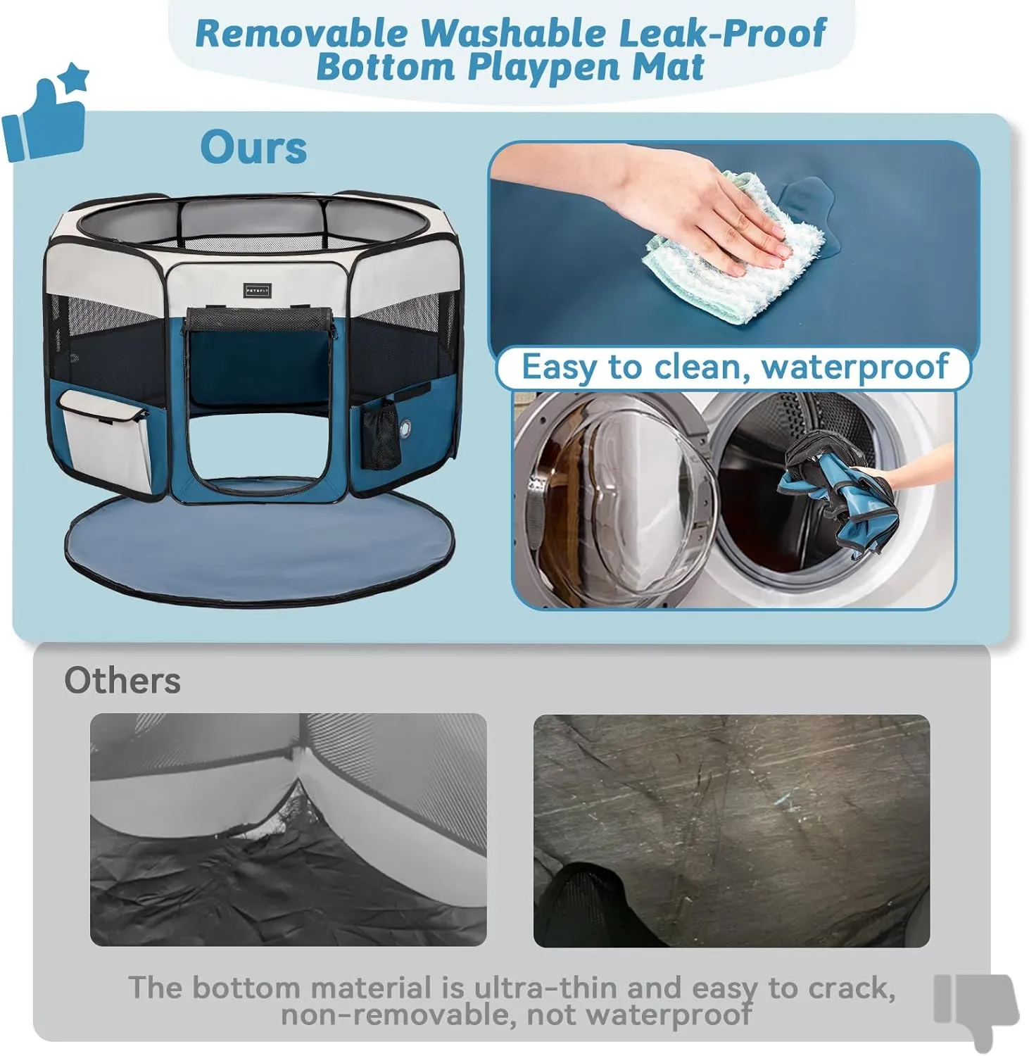 PETSFIT Dog Playpen Indoor/Outdoor,Portable Pet Playpen with Removable Zipper Top,Waterproof Bottom, Foldable Puppy Pen for Cats, Large Breeds (45.5L x 45.5W x 28.5H)