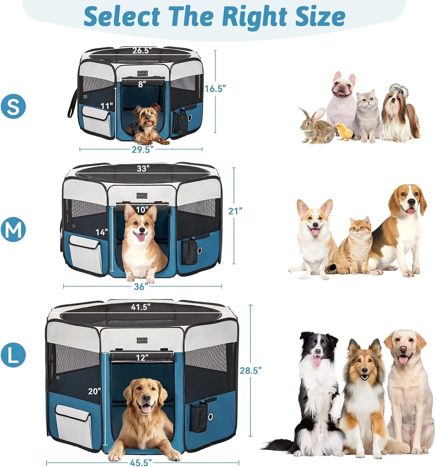 PETSFIT Dog Playpen Indoor/Outdoor,Portable Pet Playpen with Removable Zipper Top,Waterproof Bottom, Foldable Puppy Pen for Cats, Large Breeds (45.5L x 45.5W x 28.5H)