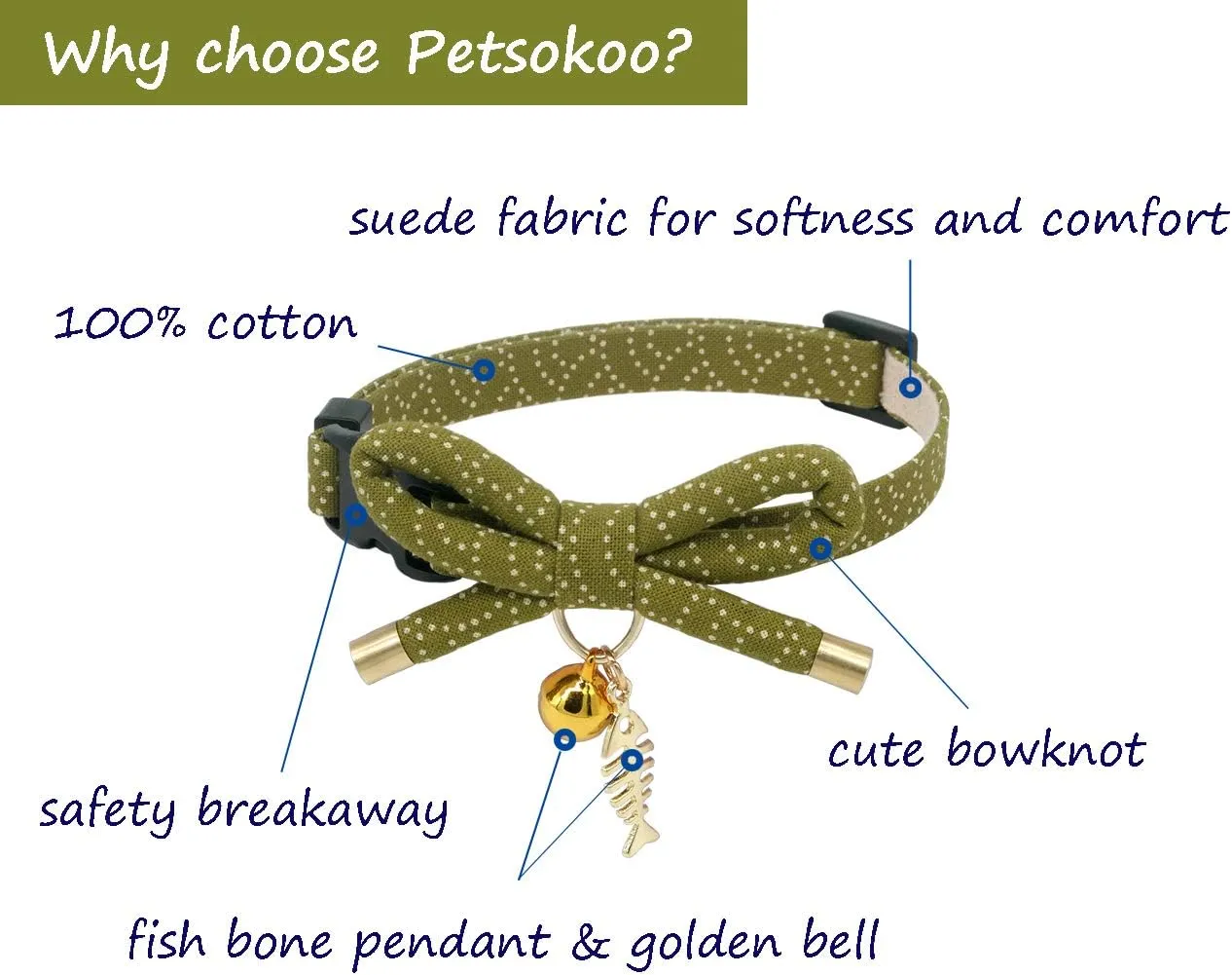 PetSoKoo Cute Bowtie Cat Collar with Bell. Japanese Stylish Bowknot & Fish Charm. Safety Breakaway, Soft, Lightweight, for Girl Boy Male Female Cats Kitten,Green