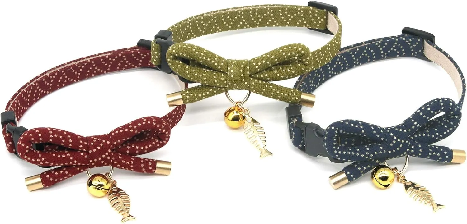 PetSoKoo Cute Bowtie Cat Collar with Bell. Japanese Stylish Bowknot & Fish Charm. Safety Breakaway, Soft, Lightweight, for Girl Boy Male Female Cats Kitten,Green