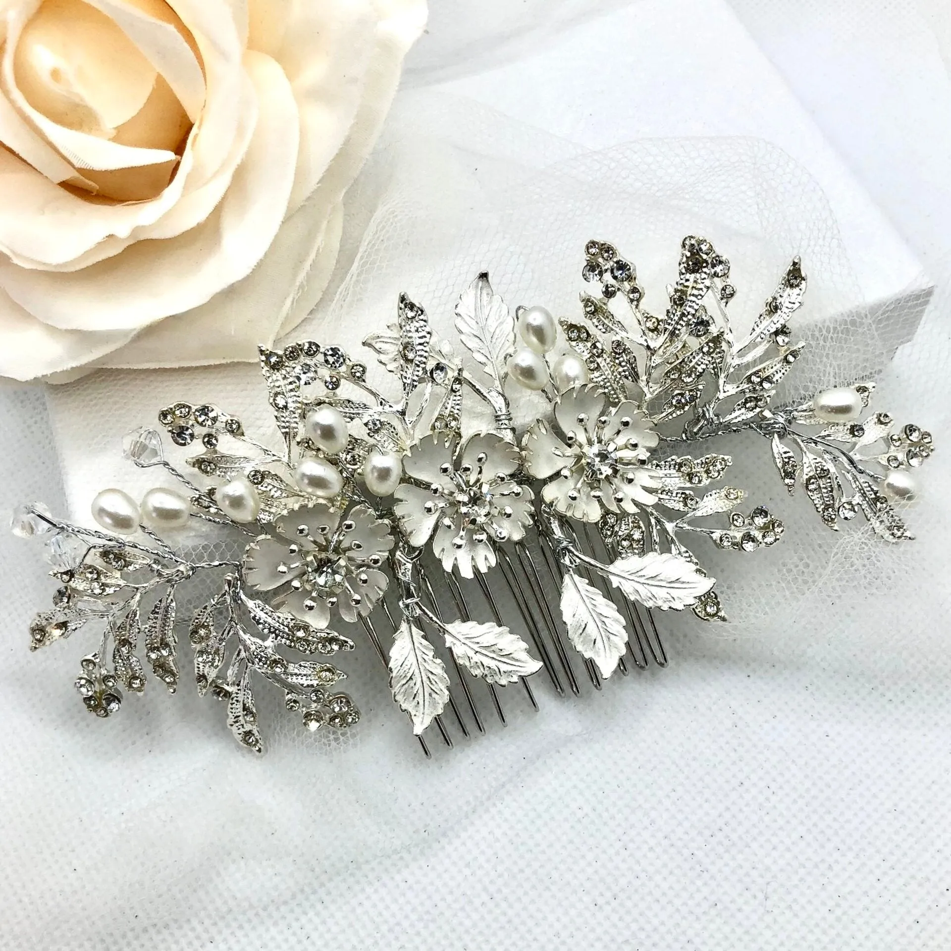 "Aletta" - Pearl and Crystal Bridal Hair Comb - Available in Silver and Gold