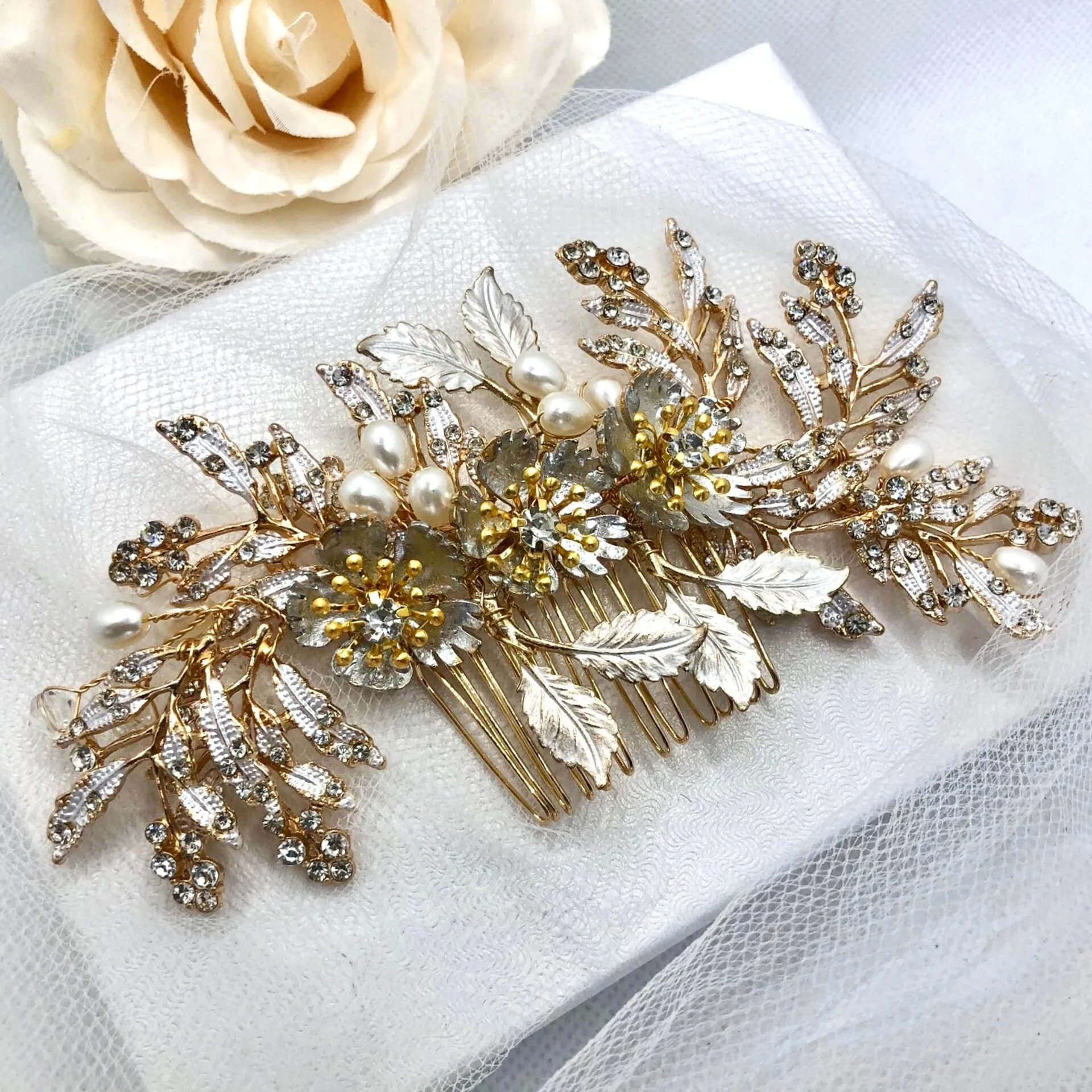 "Aletta" - Pearl and Crystal Bridal Hair Comb - Available in Silver and Gold