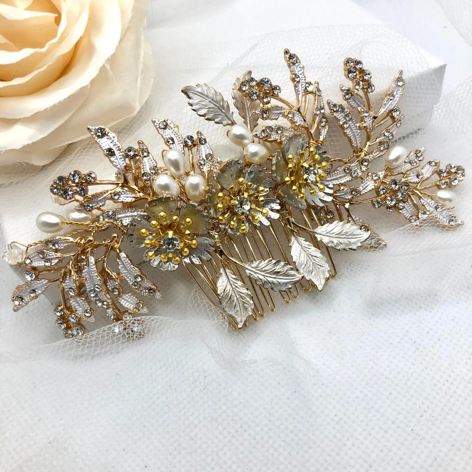 "Aletta" - Pearl and Crystal Bridal Hair Comb - Available in Silver and Gold