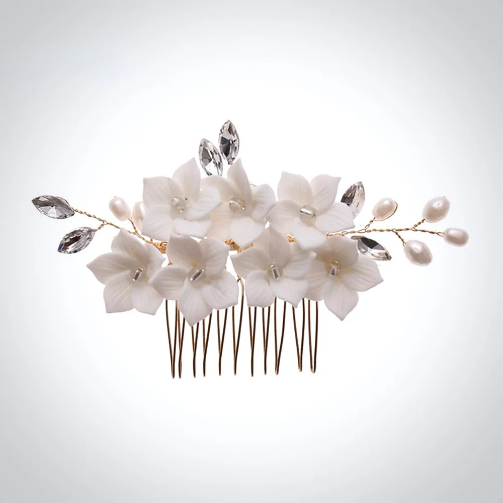 "Kalyana" - Gold Ceramic Flowers Bridal Hair Comb and Pins Set