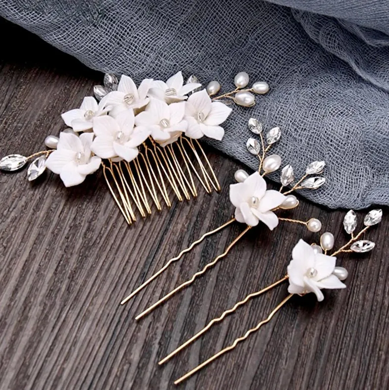 "Kalyana" - Gold Ceramic Flowers Bridal Hair Comb and Pins Set