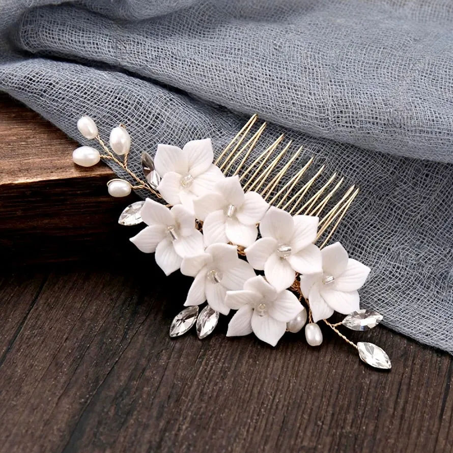 "Kalyana" - Gold Ceramic Flowers Bridal Hair Comb and Pins Set