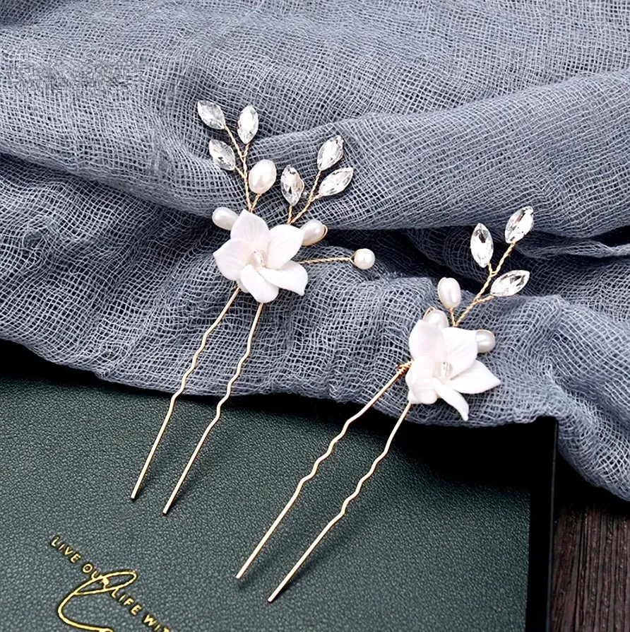 "Kalyana" - Gold Ceramic Flowers Bridal Hair Comb and Pins Set