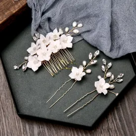 "Kalyana" - Gold Ceramic Flowers Bridal Hair Comb and Pins Set