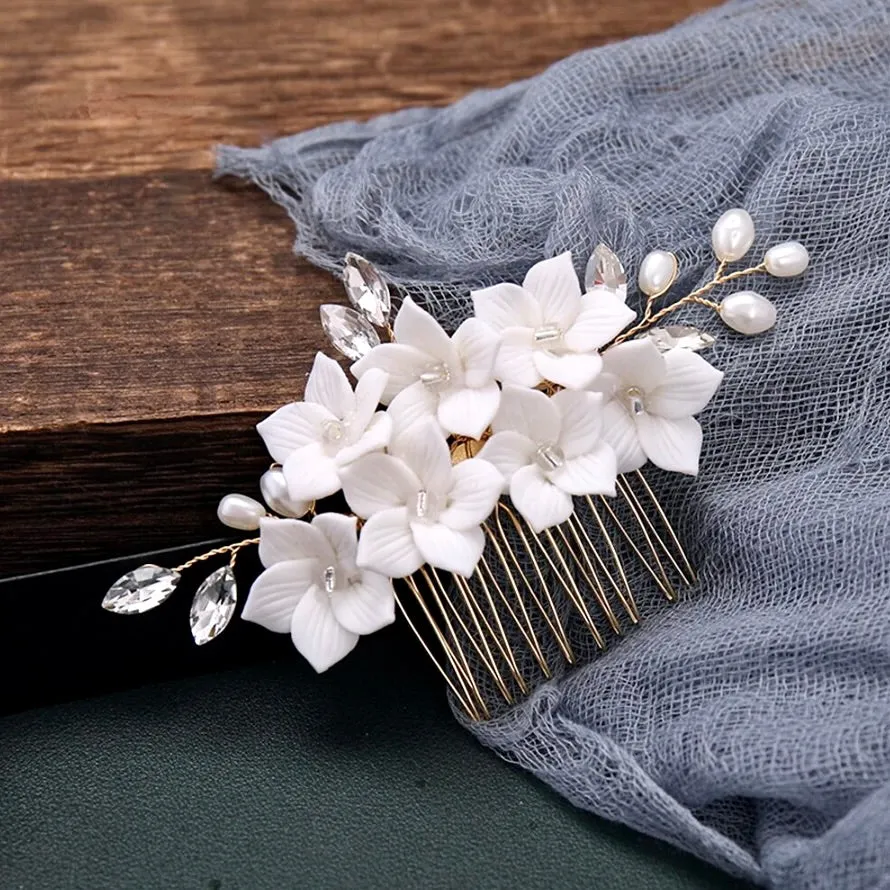 "Kalyana" - Gold Ceramic Flowers Bridal Hair Comb and Pins Set