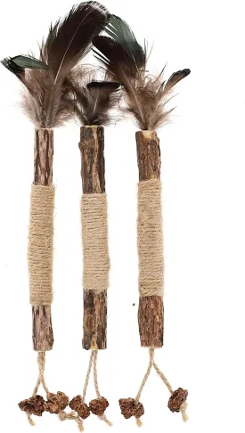 Raw Paws Silvervine Stick Toys (3-Count) - Interactive Cat Toys with Feathers, Kicker Toy, Catnip Toys, Feather Stick Silvervine for Cats, Matatabi Sticks for Indoor Cats