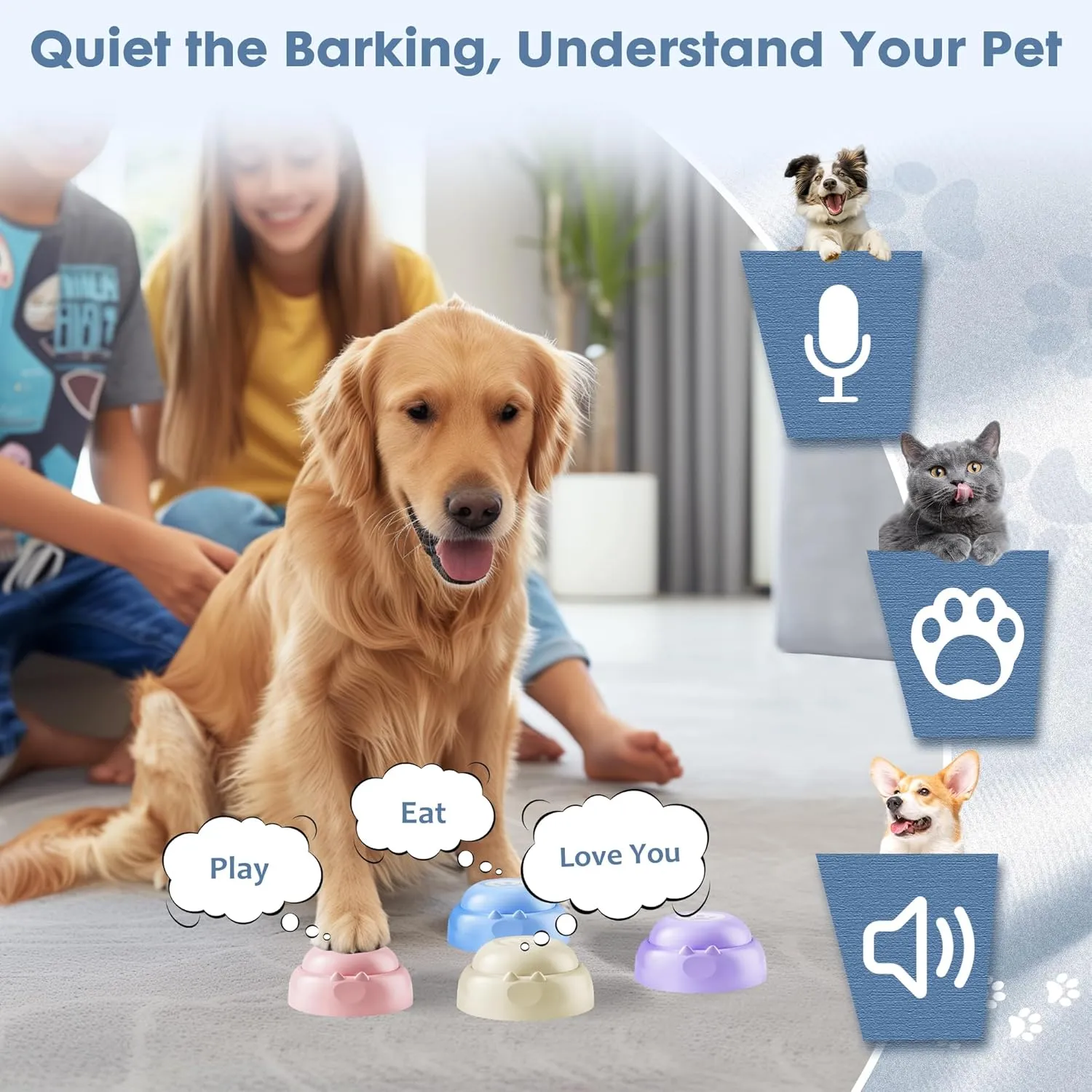 Recordable Dog Buttons, Loud 30-sec Voice recording Buttons, Pet, Dog, Cat Buttons for Communication, Training and Talking Buttons for Small Dogs, with Mat, Training Manual, and Stickers, 6 Buttons