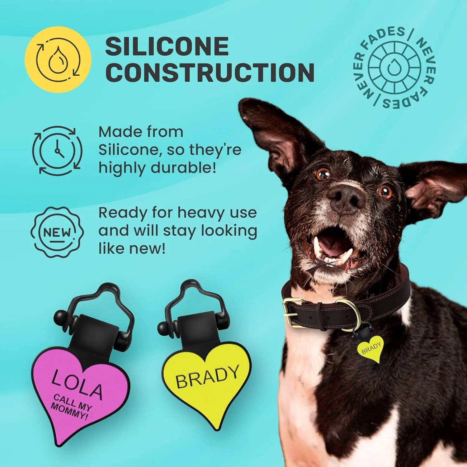 SiliDog - The Original Silicone Silent Dog Tag - Personalized Engraved Soundless Pet ID - As Seen On Shark Tank - Durable - Never Fades - Heart - Red