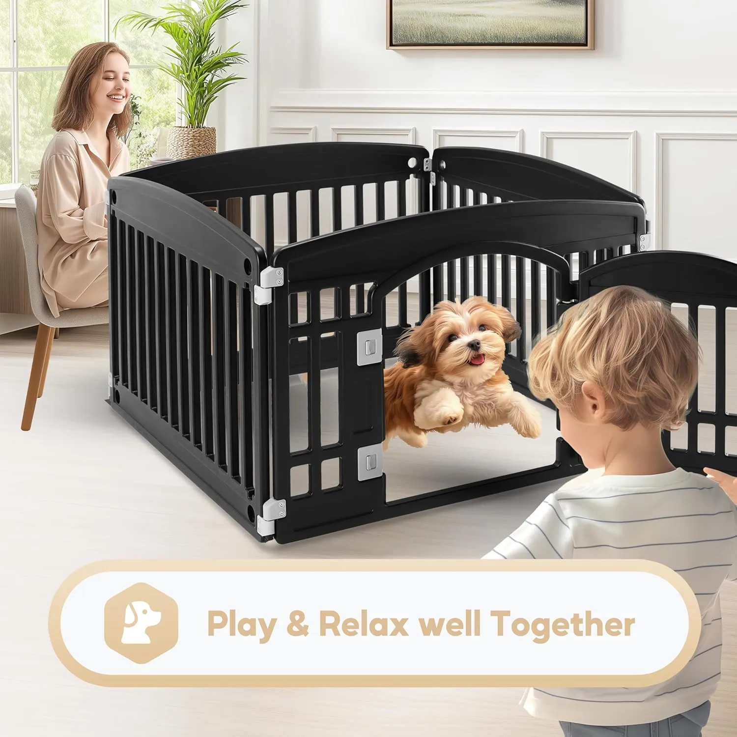 Simple Deluxe Plastic Dog Playpen, 24" Exercise 4-Panel Pet Playpen with Door, Safe and Secure, Folding and Portable Puppy Playpen for Puppies and Small Dogs, Black