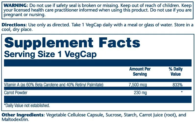 Solaray Dry Form Vitamin A as Beta Carotene & Retinyl Palmitate 7500 mcg 60 VegCaps