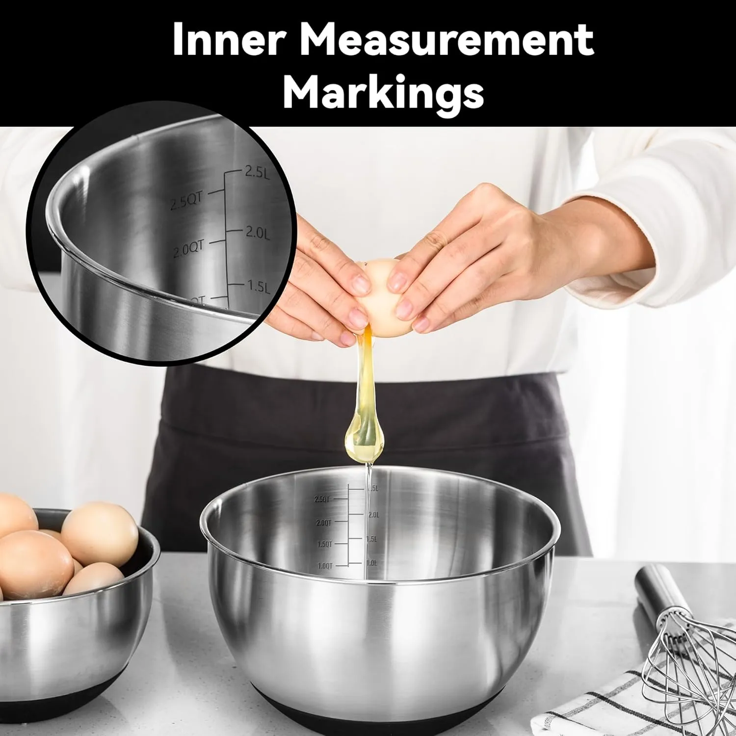 Stainless Steel Mixing Bowls with Lids  Set of 5 Large Nesting Metal Bowls for Kitchen, Baking, Cooking, Food Prep & Storage, Non-Slip Base, Dishwasher Safe,Black