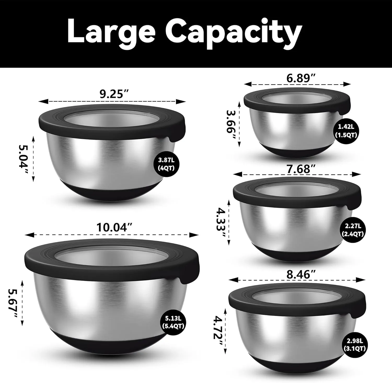 Stainless Steel Mixing Bowls with Lids  Set of 5 Large Nesting Metal Bowls for Kitchen, Baking, Cooking, Food Prep & Storage, Non-Slip Base, Dishwasher Safe,Black