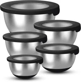 Stainless Steel Mixing Bowls with Lids  Set of 5 Large Nesting Metal Bowls for Kitchen, Baking, Cooking, Food Prep & Storage, Non-Slip Base, Dishwasher Safe,Black