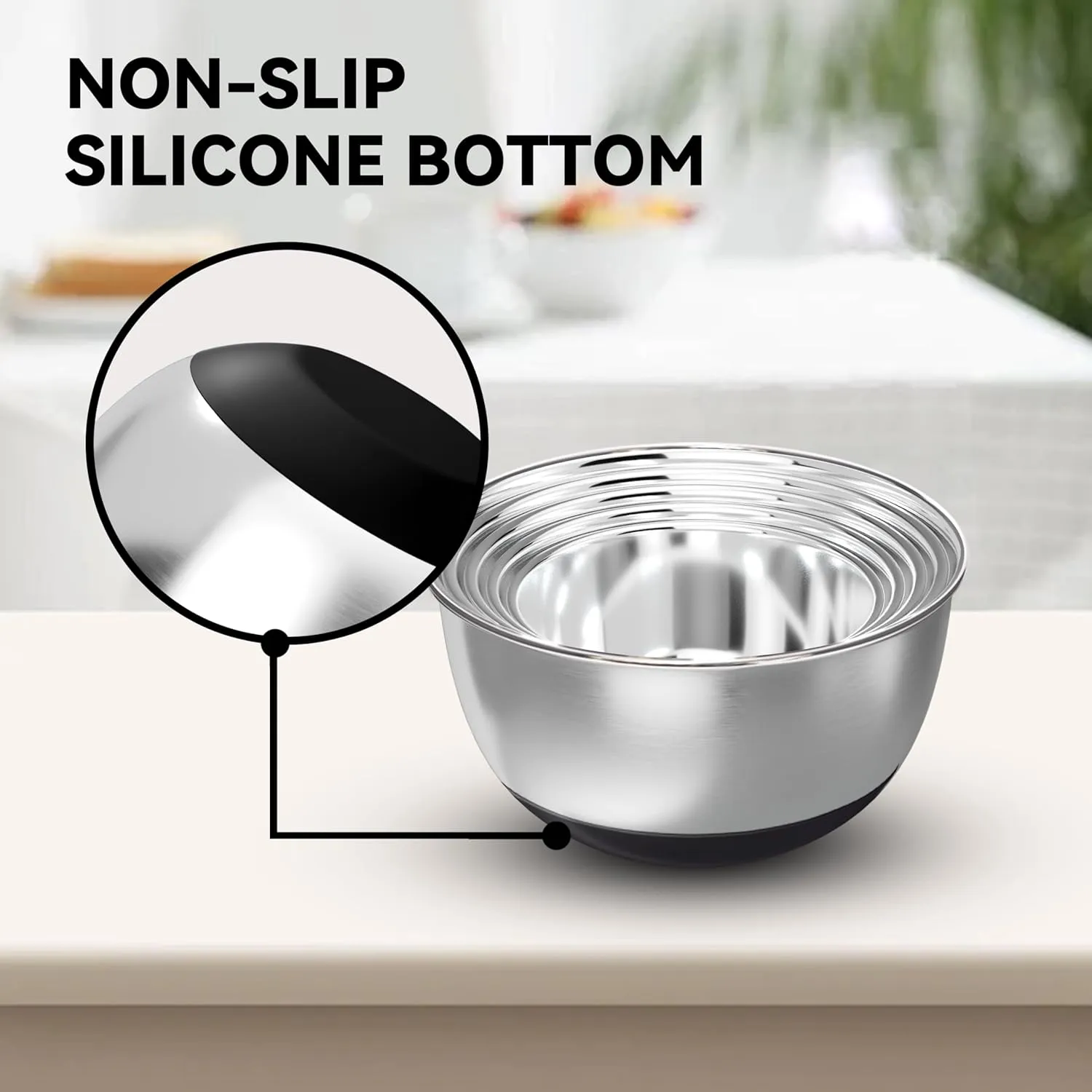Stainless Steel Mixing Bowls with Lids  Set of 5 Large Nesting Metal Bowls for Kitchen, Baking, Cooking, Food Prep & Storage, Non-Slip Base, Dishwasher Safe,Black