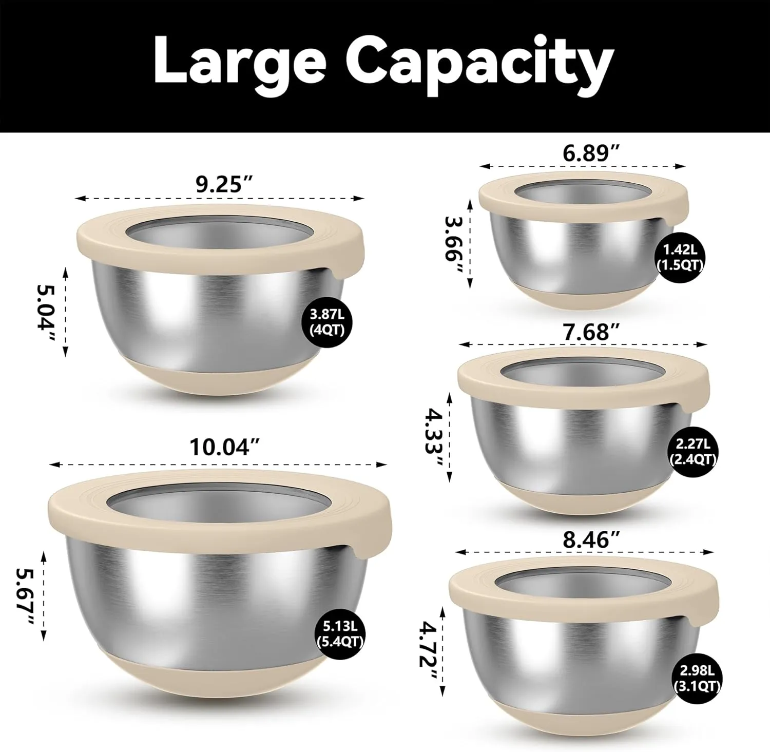Stainless Steel Mixing Bowls with Lids  Set of 5 Large Nesting Metal Bowls for Kitchen, Baking, Cooking, Food Prep & Storage, Non-Slip Base, Dishwasher Safe,Khaki
