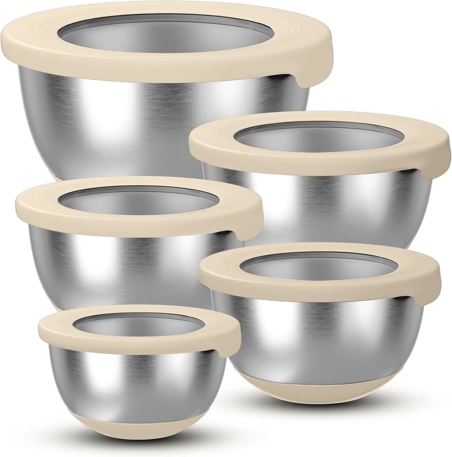 Stainless Steel Mixing Bowls with Lids  Set of 5 Large Nesting Metal Bowls for Kitchen, Baking, Cooking, Food Prep & Storage, Non-Slip Base, Dishwasher Safe,Khaki