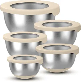 Stainless Steel Mixing Bowls with Lids  Set of 5 Large Nesting Metal Bowls for Kitchen, Baking, Cooking, Food Prep & Storage, Non-Slip Base, Dishwasher Safe,Khaki