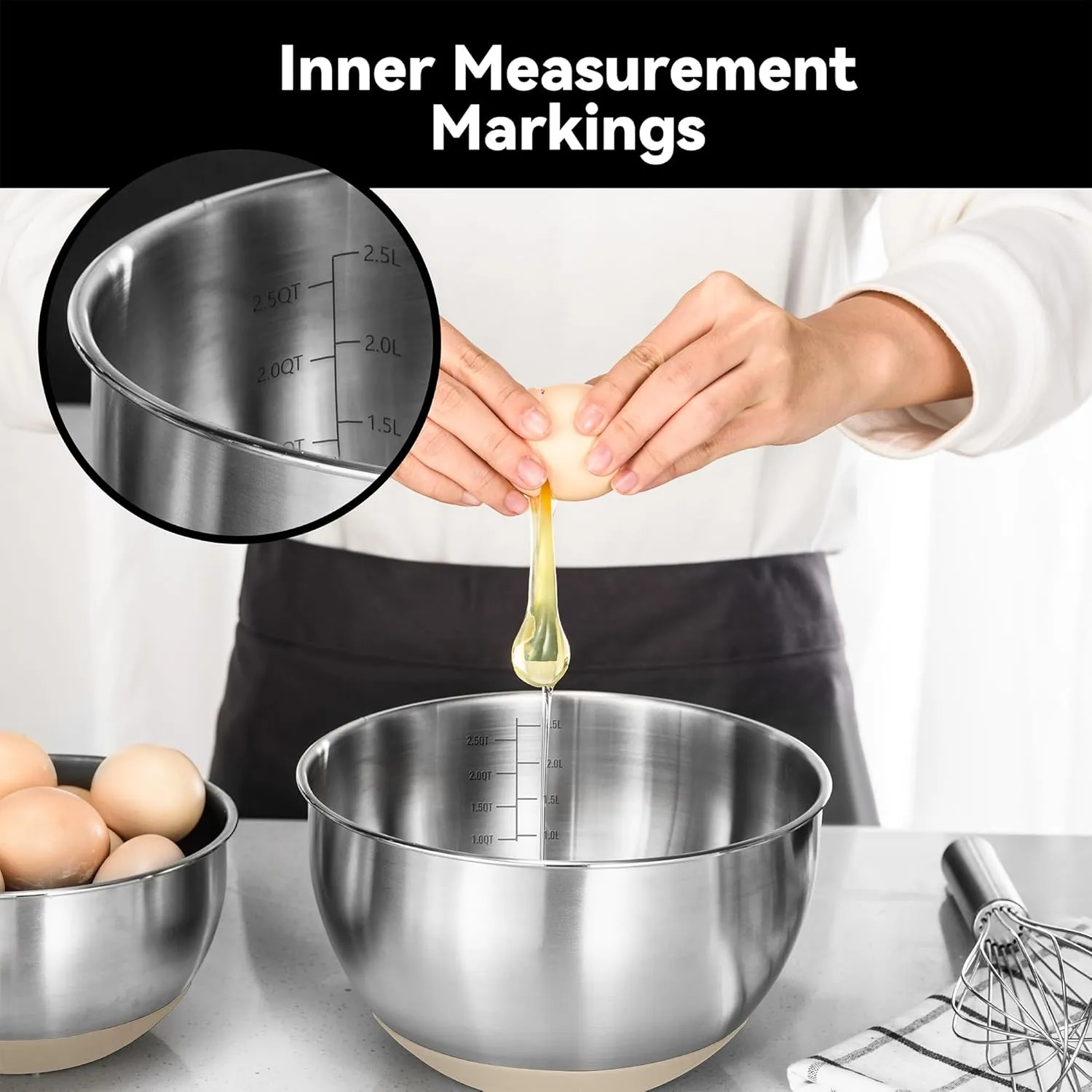 Stainless Steel Mixing Bowls with Lids  Set of 5 Large Nesting Metal Bowls for Kitchen, Baking, Cooking, Food Prep & Storage, Non-Slip Base, Dishwasher Safe,Khaki