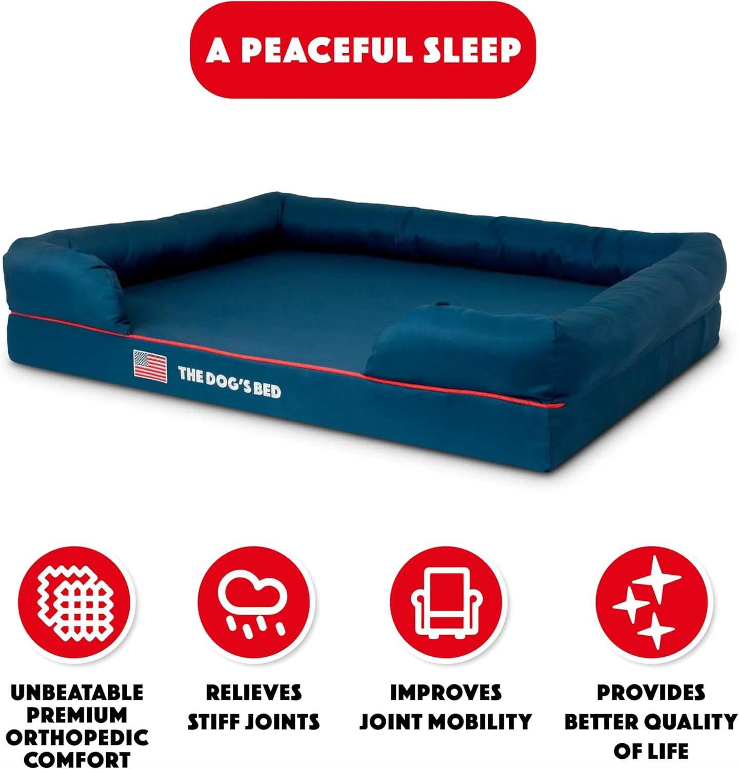 The Dogs Bed, XL Blue Oxford with Red Trim USA Flag Dog Bed 43.5x34, Memory Foam, Pain Relief: Arthritis, Post Surgery, Lameness, Supportive, Calming, Waterproof Washable Cover, Veterinary Approved