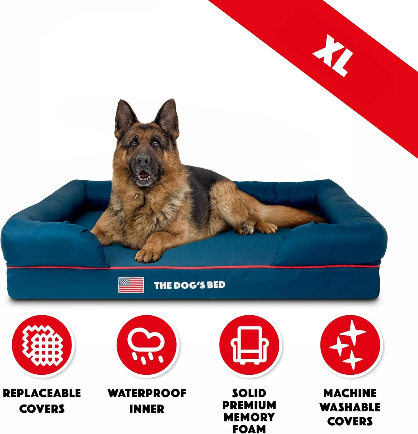 The Dogs Bed, XL Blue Oxford with Red Trim USA Flag Dog Bed 43.5x34, Memory Foam, Pain Relief: Arthritis, Post Surgery, Lameness, Supportive, Calming, Waterproof Washable Cover, Veterinary Approved
